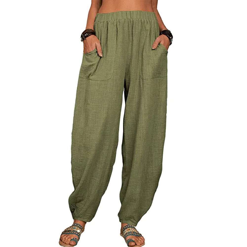 Women Cotton Summer Casual Vintage Pockets Thin Beach Trousers Female Elastic Waist Wide Leg Retro Loose Harem Pants