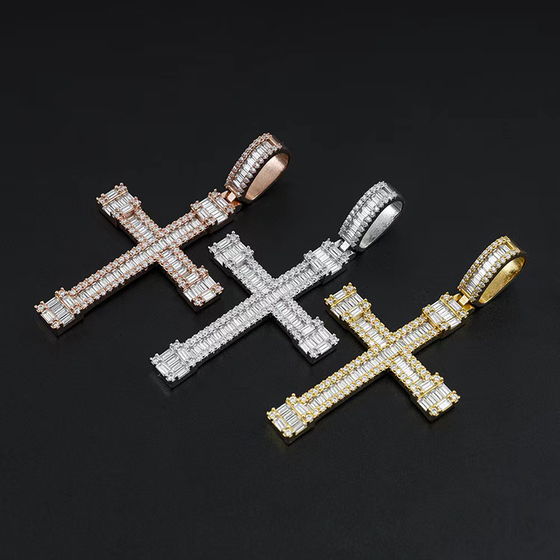 Iced Moissanite Cross Pendant Hiphop 925 Silver Rectangle D Color Moissanite Diamond Pendant Women Men Ins Handmade Jewelry Gift