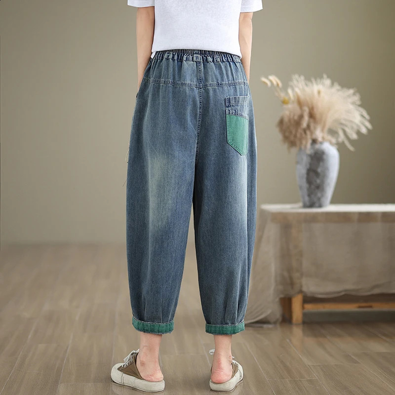 Plus Size Denim Jeans For Women Autumn Arrivals High Elastic Waist Embroidery Streetwear Harem Pants Women 250319