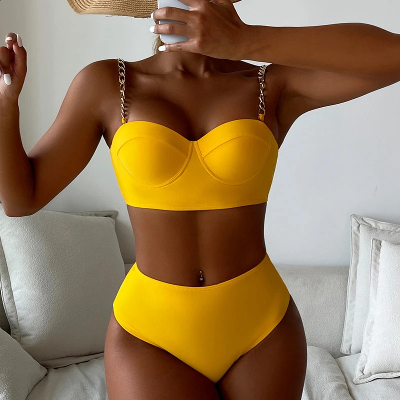 7 Colors High Waist Bikini Set Padded Hard Wrap Top With Chain Shoulder Strap 2025 Fluorescent GreenBlackBright Orange 250319