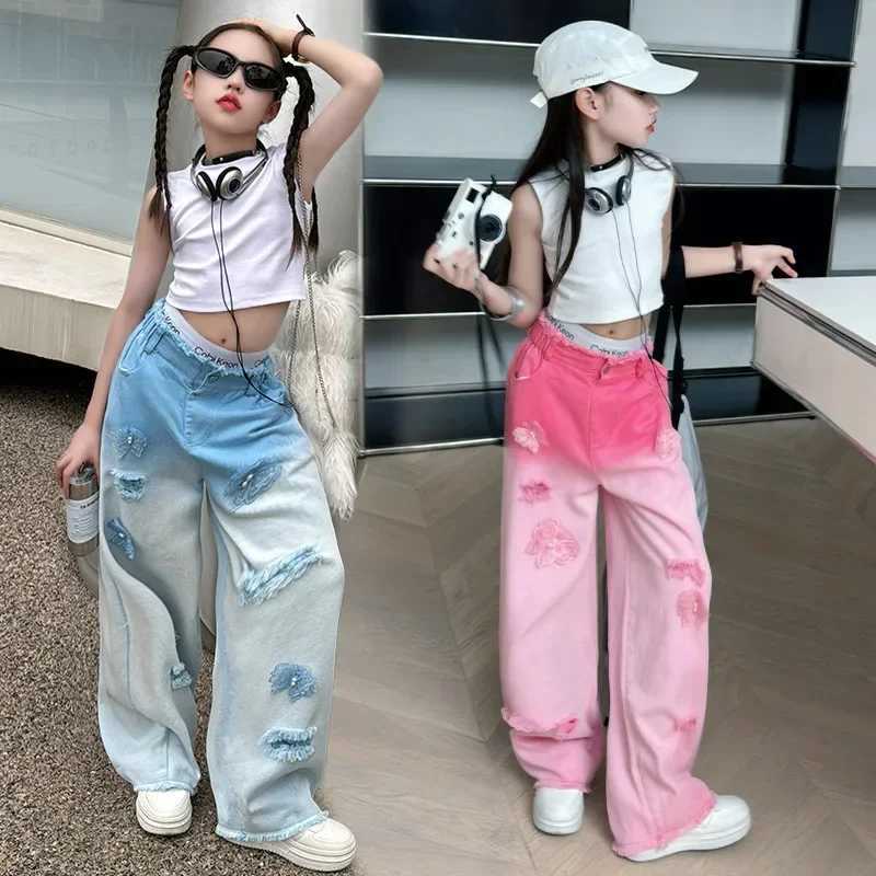 Teen Girls 3D Butterfly Gradient Hole Wide Legs Jeans Children Floor Pants Fashion Elastic Waist Comfort Kids PantsT250326