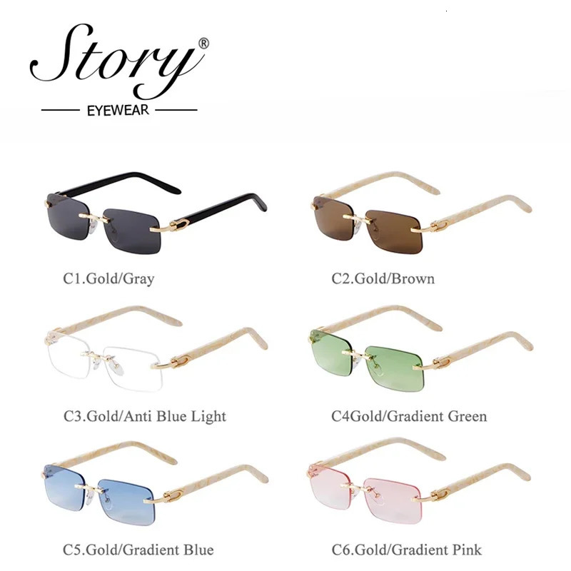 STORY Retro Frameless Marbling Frame Acetate Sunglasses Men Women Fashion Green Lenses Rimless Rectangle Sun Glasses S520C 250318