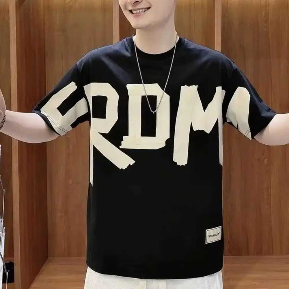 Mens letter printed T-shirt mens summer letter printed T-shirt round neck with floral pattern suitable for teenagers to wear loose short sleeved shirt