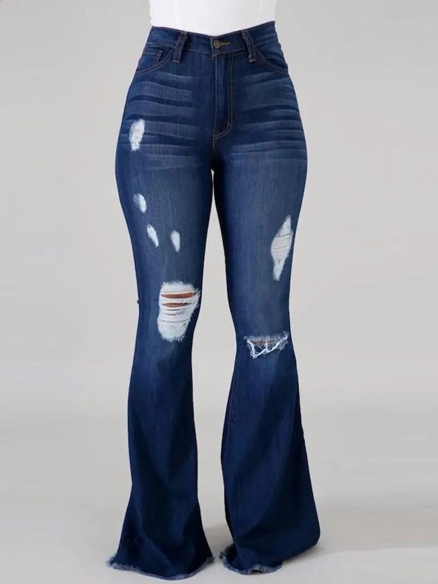 LW Plus Size High Stretchy Ripped Flared Jeans Zipper Fly Floor Length Casual Solid Color Daily Fashion Street Pants 250319