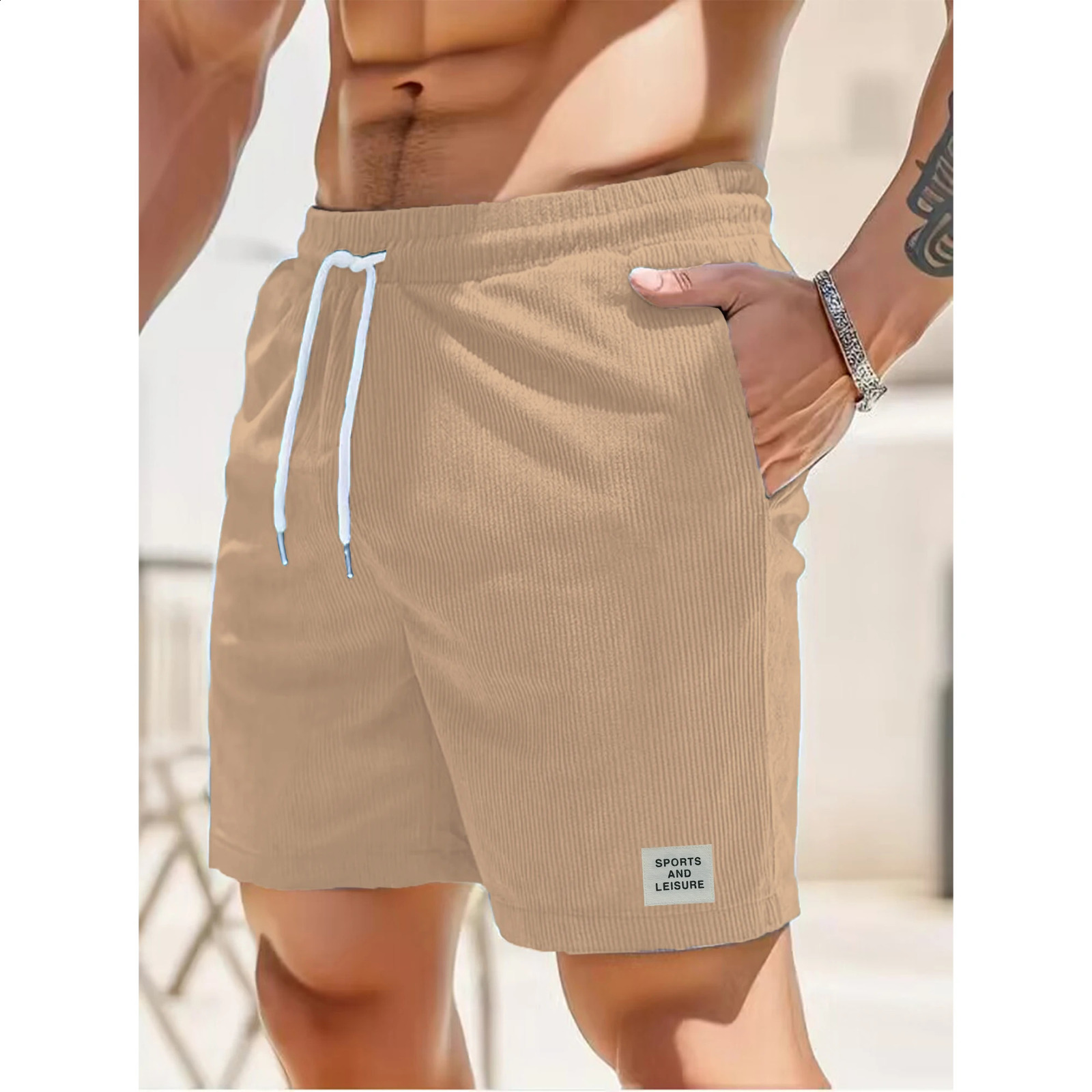 Summer solid color laceup sweatpants corduroy simple quarter shorts mens casual pants 250312