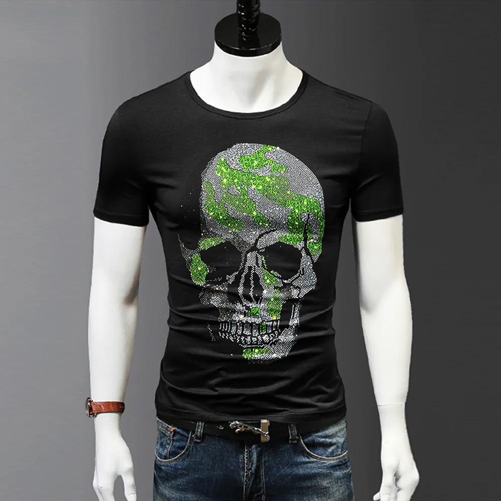 Summer Cotton T Shirts For Men Green Skulls Diamonds T-Shirt Man Black Tshirt Short Sleeve Casual Male Tee Tops S-5XL 250318