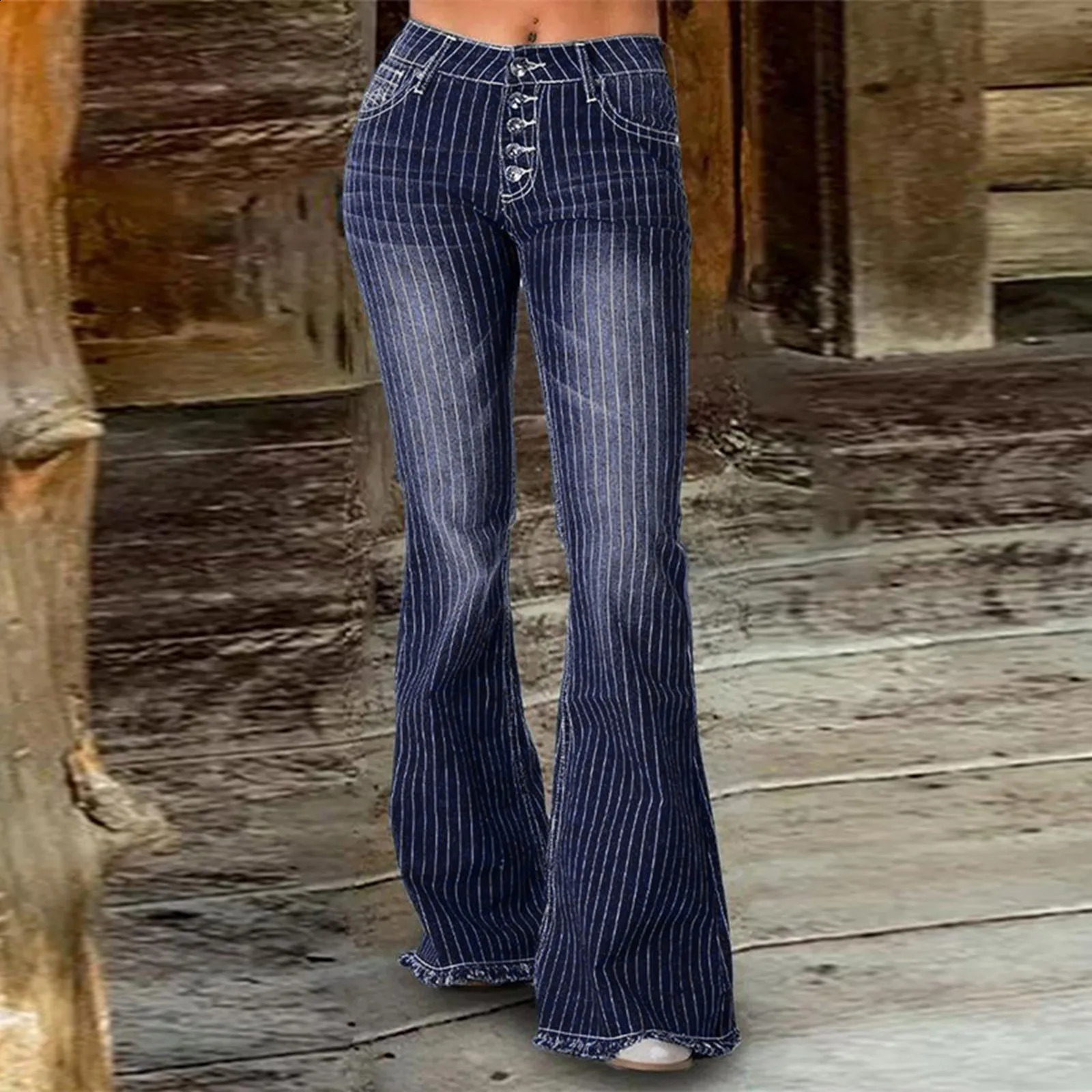 Striped Thin Edge Flared Jeans Women Fashionable Casual Mid Rise Buttoned Street Vintage Jeans Wrap Hips Bell Bottom Jeans 250319