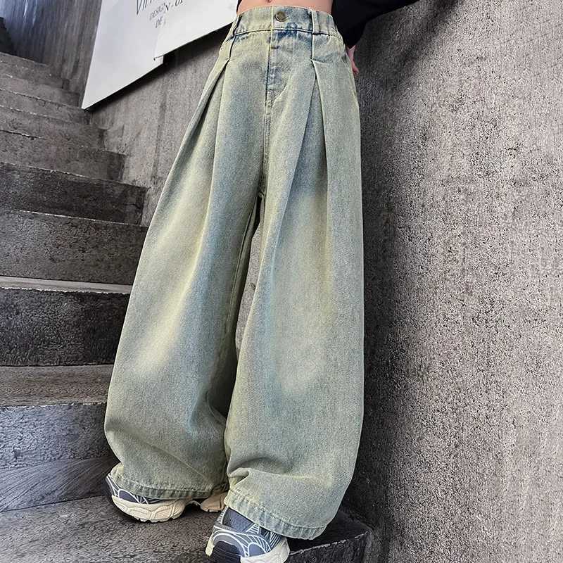 Childrens Girls Jeans Spring and Autumn 2024 Youth and Childrens Westernized Street Wide Leg Pants Korean Edition PantsT250326