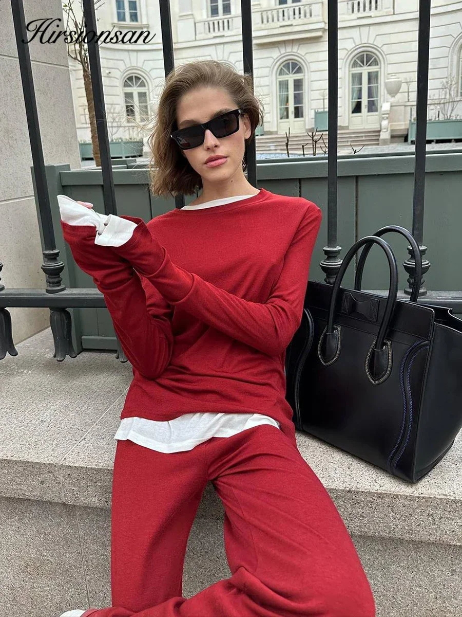 Hirssionsan Modal Soft Loose Set Womens Casual Two piece Long Sleeve T-shirt and High Waist Dress Set 250318