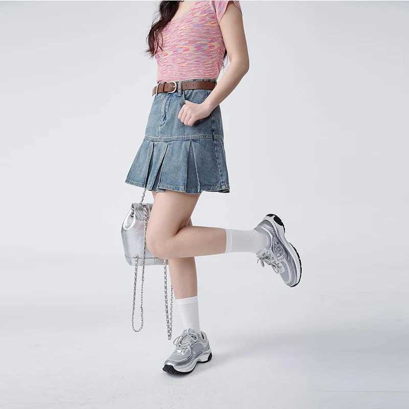 Womens Short Folded Skiing 2024 Summer New College Style High Waist A-Line Short Denim Leather Fashion Blue Denim LeatherXJ250320