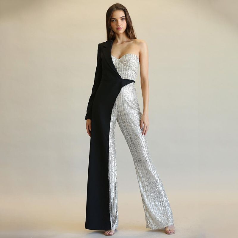 Women's Clothing New Women's Sier Spliced Sequined One Shoulder Fashion Sequined Jumpsuit