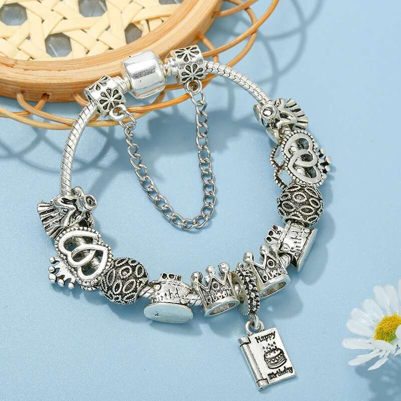 Silver Color Birthday Cake Pendant Charm Bracelet With Heart To Heart Beads Bracelets For WomenGirls Jewelry Gift Dropshipping