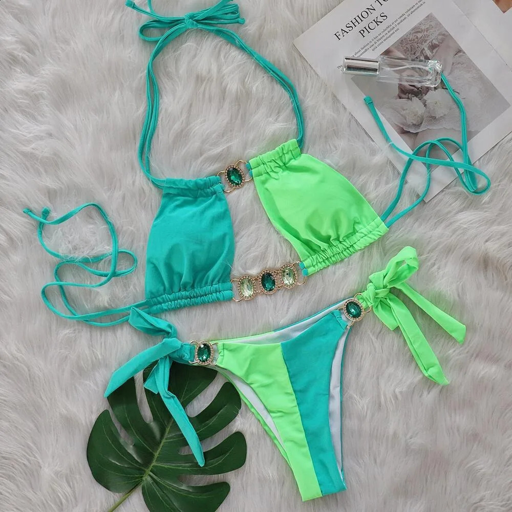 SERENECHIC 2025 Sexy Splicing Bikini Set Crystal Diamond Blocks Color Two Piece Swimsuit Womens Beach Wear 250319