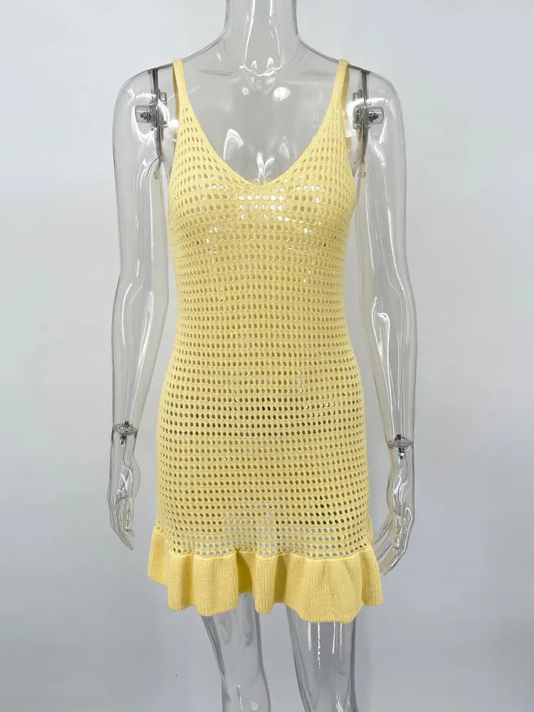 Tossy Knit Ruffled Hollow Out Mini Dress Female V-Neck See-Through Holiday Beach Casual Clothes Summer Womens Knitwear Dress 250320