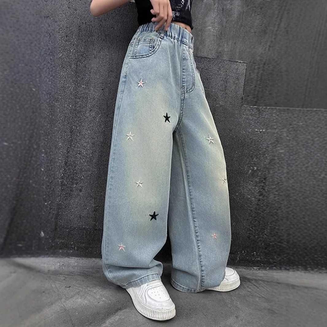 Spring Autumn Girls Pants 4-12 Years Children Casual Loose Jeans Star Knotbow Embroidery Little Girls Denim Wide-leg PantsT250326