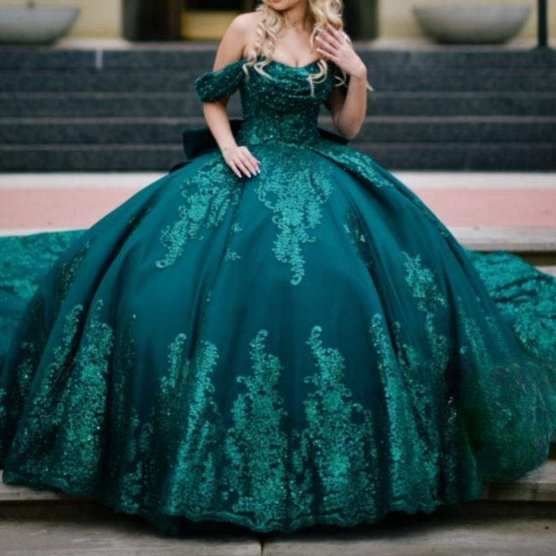 Blackish Green Quinceanera Dresses Ball Gown Sequin Lace Applique Beading Bow Corset Sweet 16 Dress Vestido De 15 Anos
