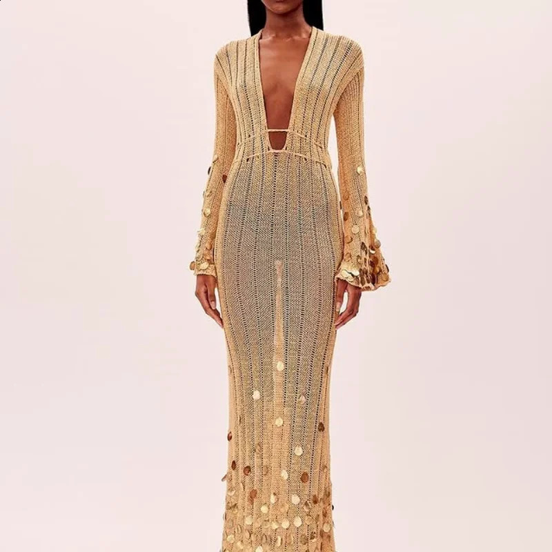 Shiny sequined knit Maxi dress deep lace neckline high waisted long robe see through party club womens clothing for 250317