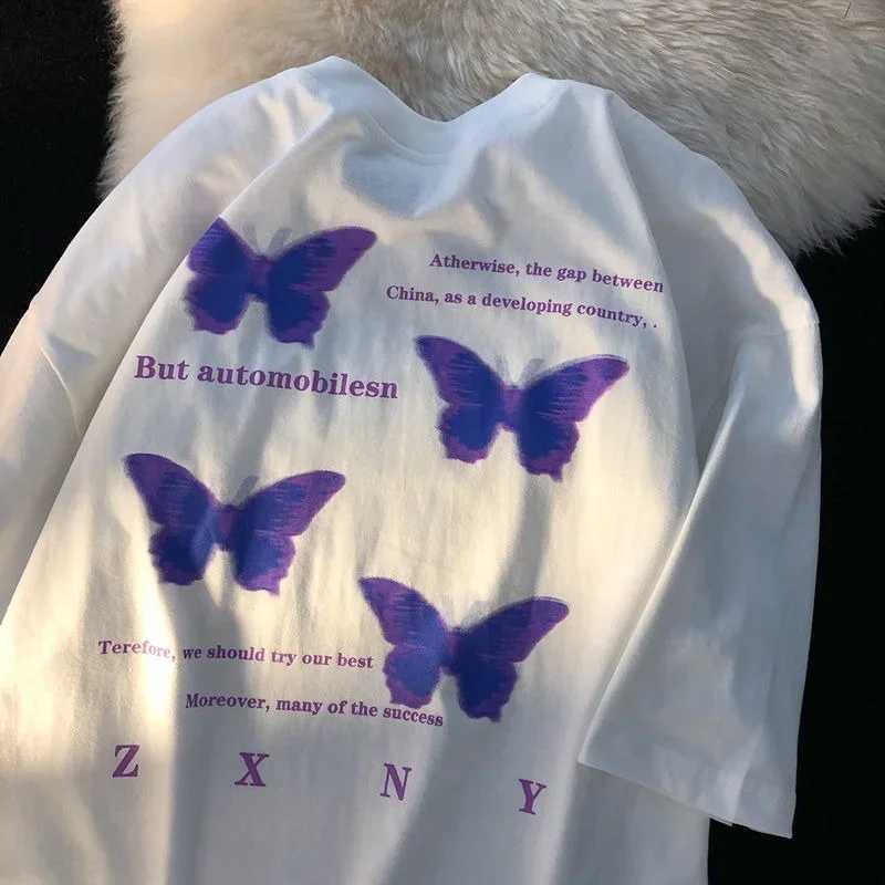 Oversized Womens T-shirt Aesthetic Purple Butterfly Letter Printed Graphic T-shirt Y2k Fashion Short Sleeve HarajukuT250320