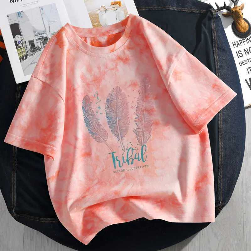Feather T-shirt for Girls Cotton Kids T-shirt Tie Dye Printed Childrens Casual Clothing Teen Girls Top 6 8 10 12T250320