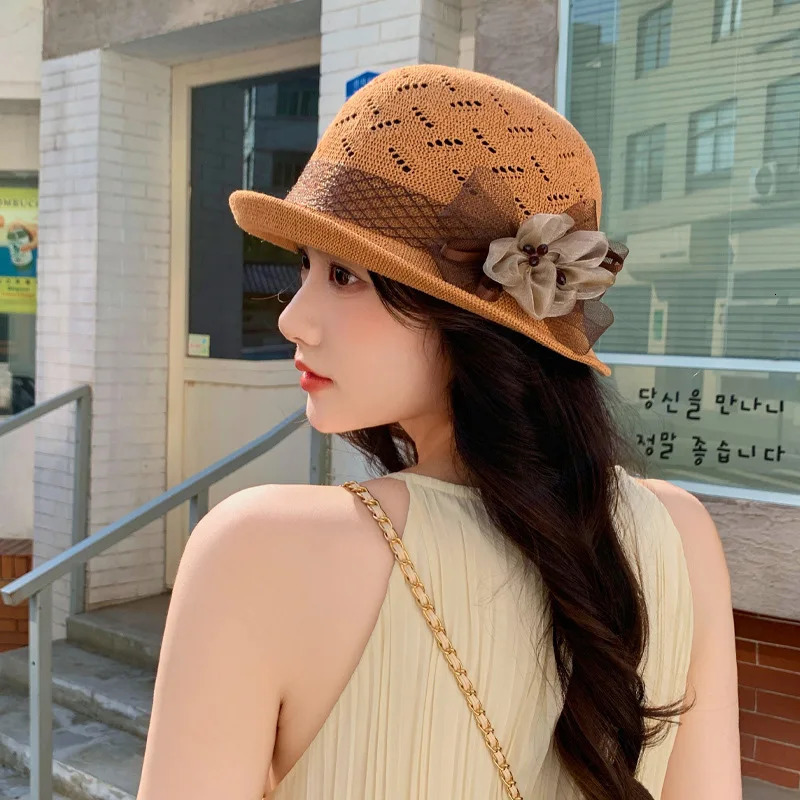 Elegant and Dignified Temperament Upturned Edge Flower Pot Hat Summer French Hat Womens Sunscreen Sun Hat 250320