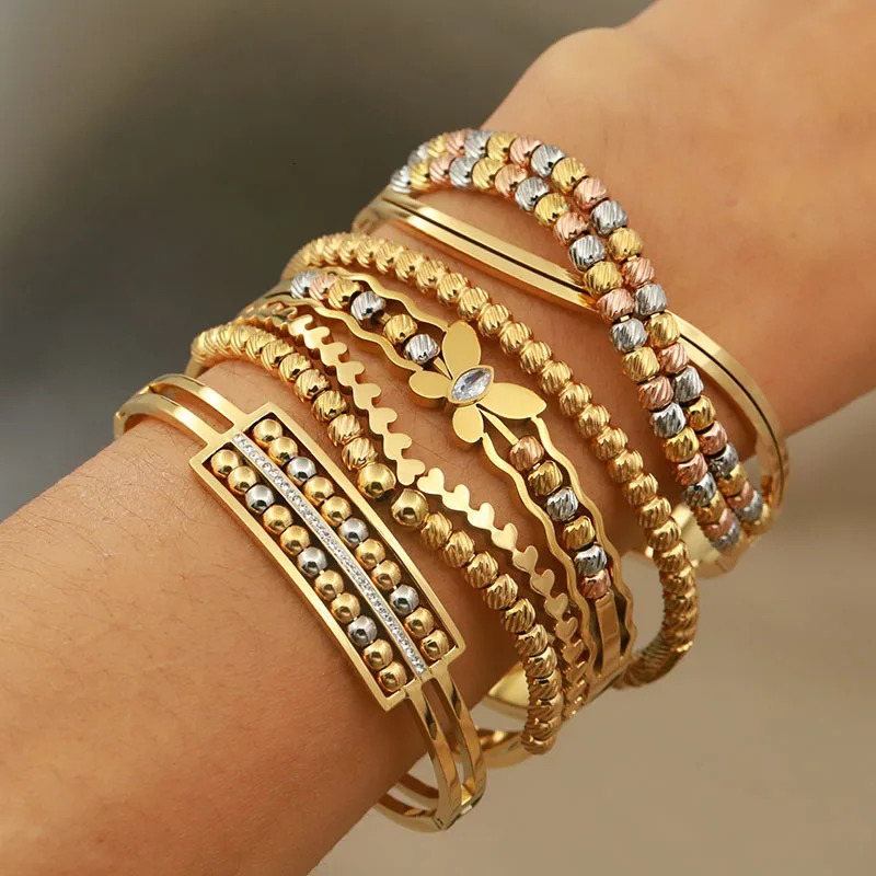 316L Stainless Steel Metal Beads Cross Bangles bracelets for Women Fashion Jewelry Multicolor Butterfly Flower Bangles 250320