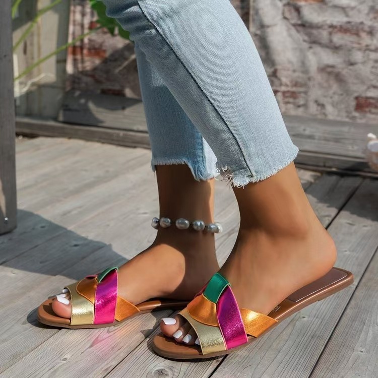 plus size women's cross solid color fashion cool slippers flat sole trendy indoor and outdoor one-word slippers for women