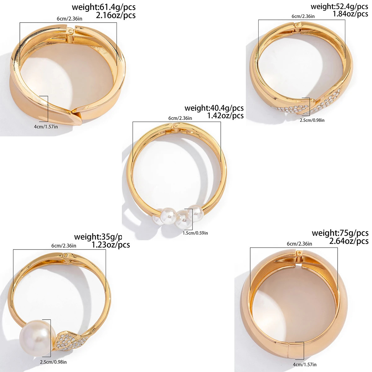 Ingemark 6 Styles Vintage Hip Hop Pearl Beads Open Cuff Bangles Women Punk Gold Color Rhinestone Bracelet Men Jewelry 250320