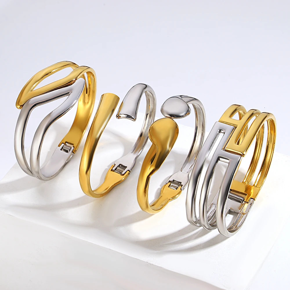 Exaggerated Chunky Irregular Liquid Wave Open Bracelet Bangle Multiple Gold Silver Color Women Bracelets Stainless Steel Jewelry 250320