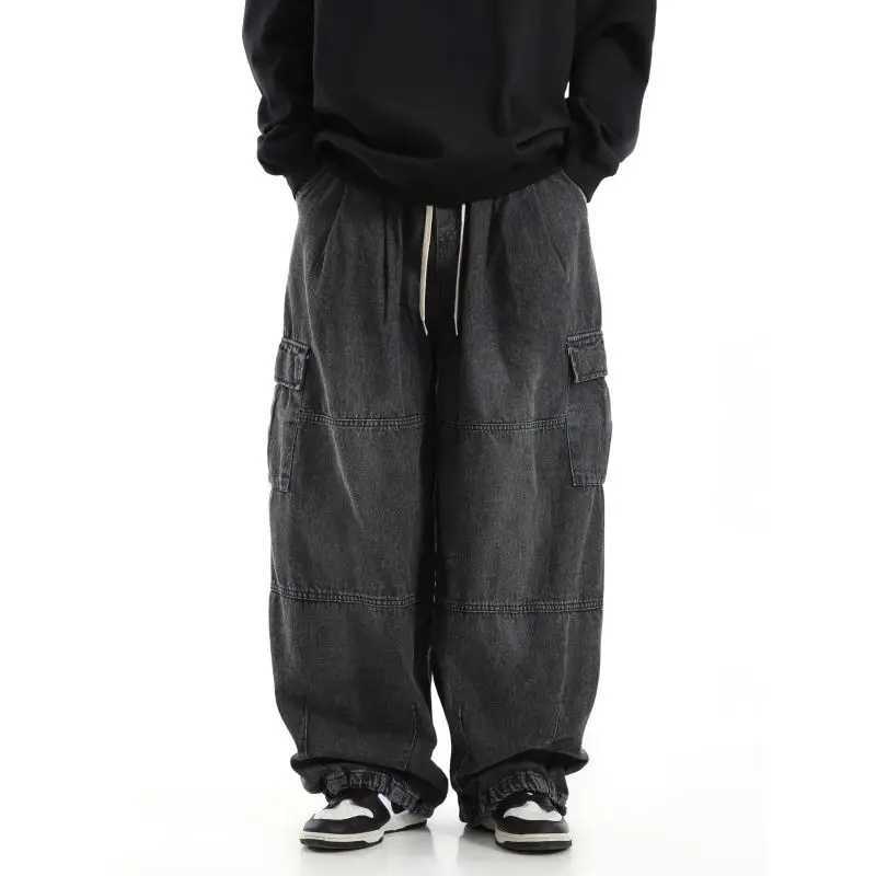 Y2k black bagged cargo jeans mens streetwear casual hippie jogging wide leg oversized mens jeansT250319