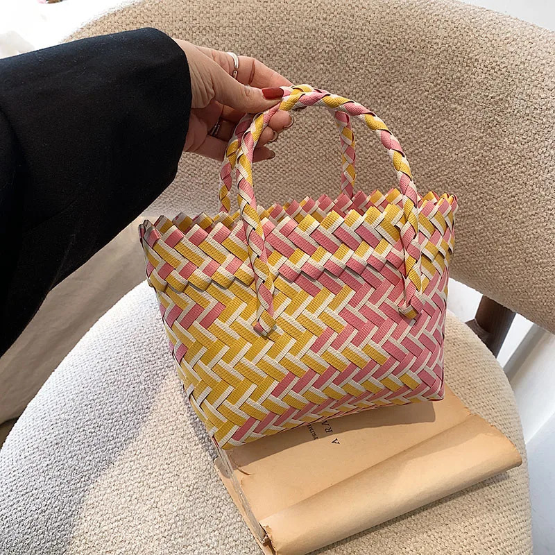 Woven Handbag Colorful Basket Color Matching Vegetable Bag Beach Handmade bag Popular Women New Female Shopping Tote Female Sac R250320