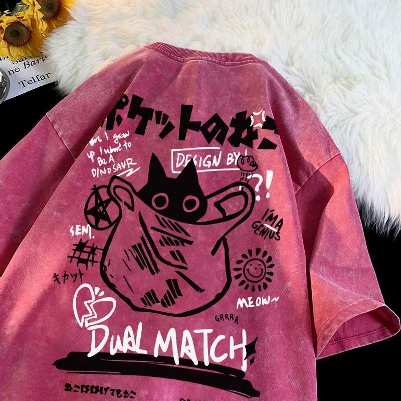 Men Women Cartoon T-Shirt Vintage Summer Harajuku Kawaii Cat Print Short Sleeve Tees Couple Streetwear Loose Clothes Cotton TopsT250320