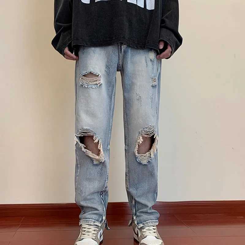 High quality mens jeans high tear mens wash pants teenage boys distressed pants leg zipper pantsT250319