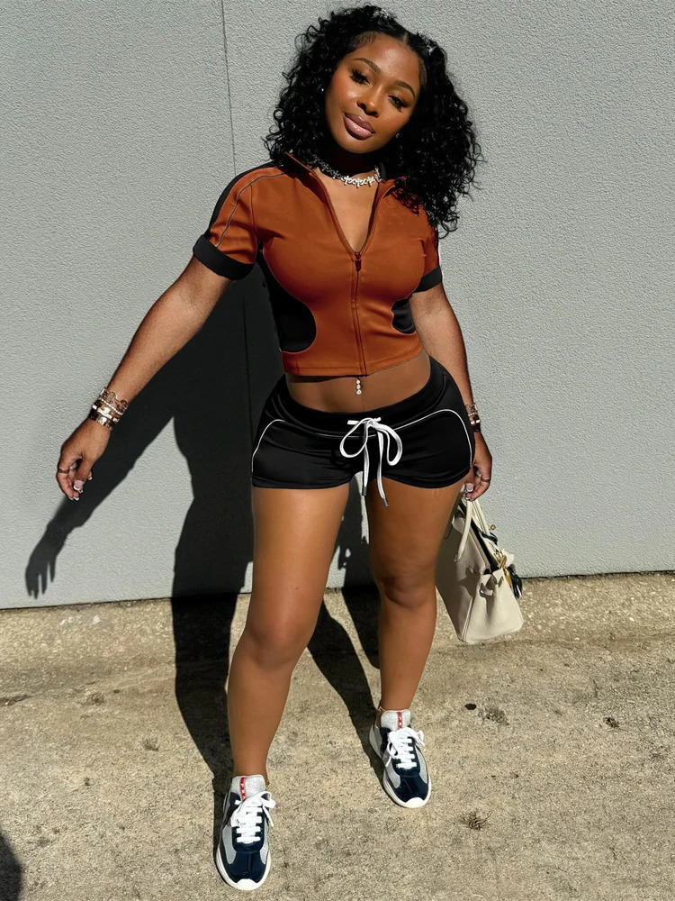 Womens summer streetwear set with dual tone ultrathin sports short sleeved panel zipper top casual 2piece 250320