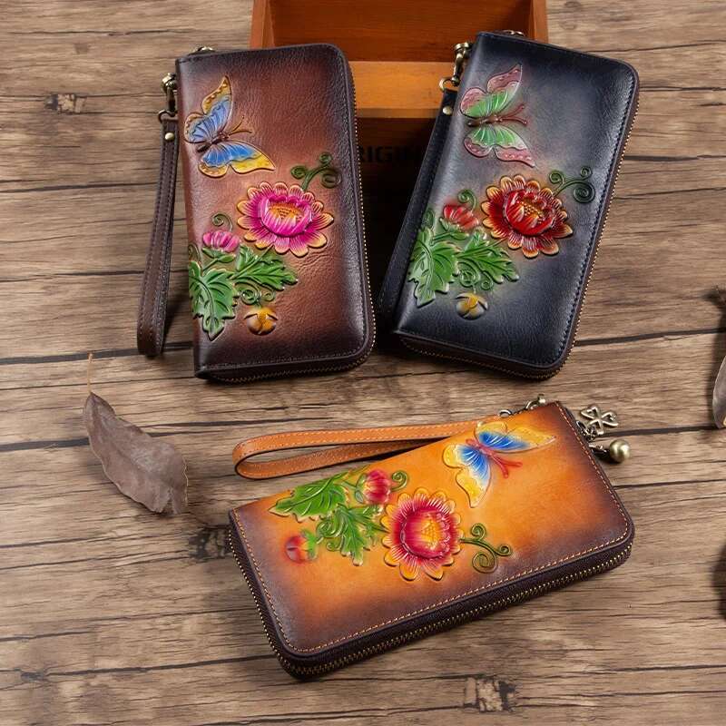 MOTAORA Women's Retro Wallet Genuine Leather Vintage Purse Women Chinese Style Emed Card Holder Ladies Casual Female Clutch