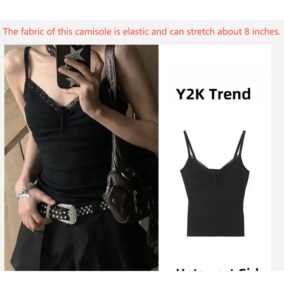 Summer Harajuku Sexy Crop Tops Lace Women Camis Korean Fashion StreetwearCasual Female All Match Tanks sweet Y2K Black 250320