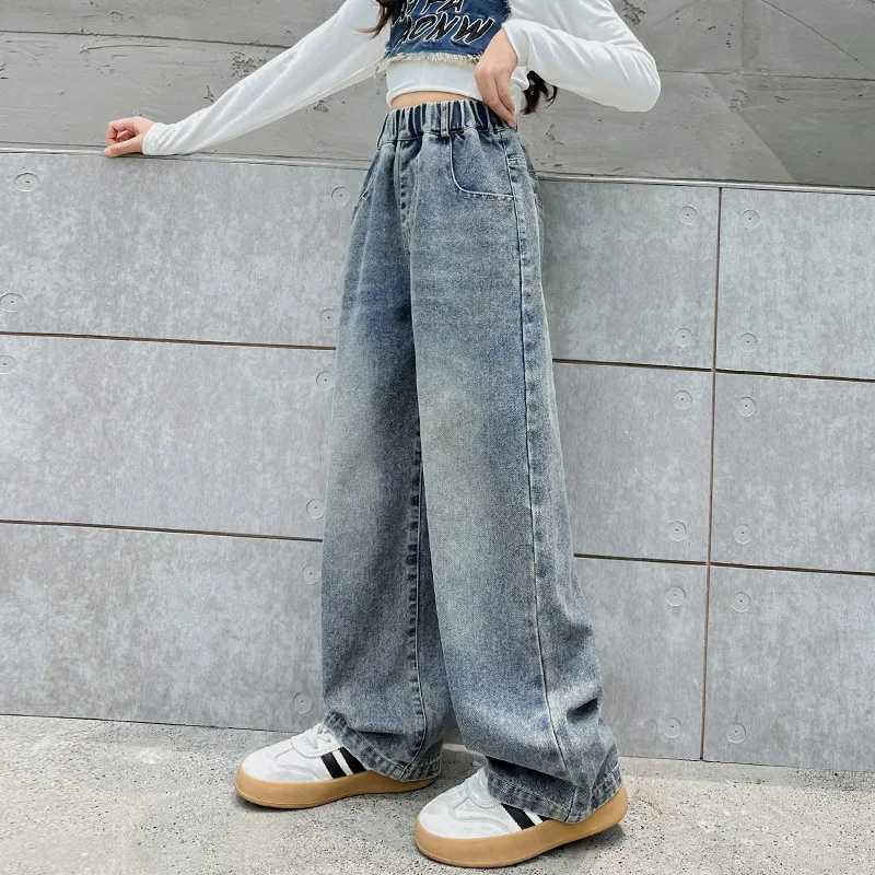 Girls Denim Wide Leg Pants Spring and Autumn Jeans 2024 New Trendy Stylish Childrens Loose Pockets Slimming Straight leg PantsT250326