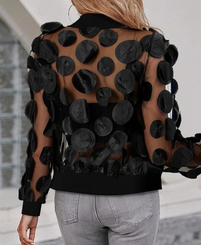 Womens jacket fashionable floral pattern jacquard n transparent mesh baseball collar long sleeved zipper see through casual 250314