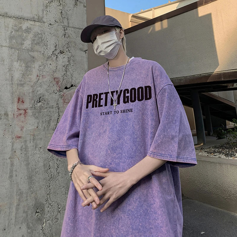 Summer pretty good letter print tshirt mens retro Distressed short sleeved ultrafine cotton Y2K streetwear 250319