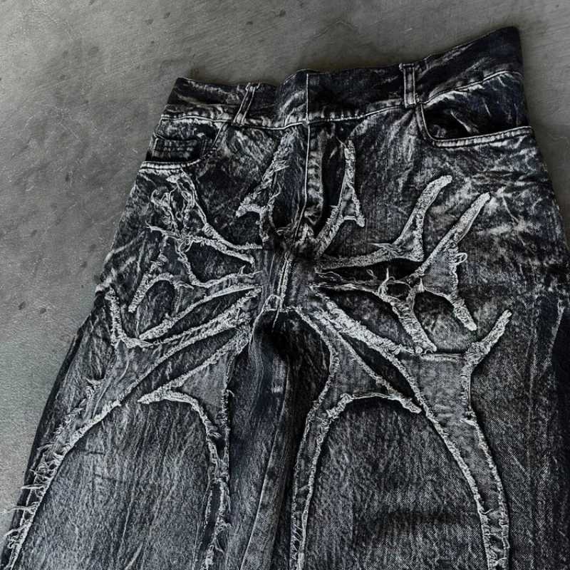 Y2K Phantom Jeans Street Spider Embroidery Patch Hip Hop Street Clothing Gothic Retro Oversized Pocket Set Unisex Mop PantsT250319