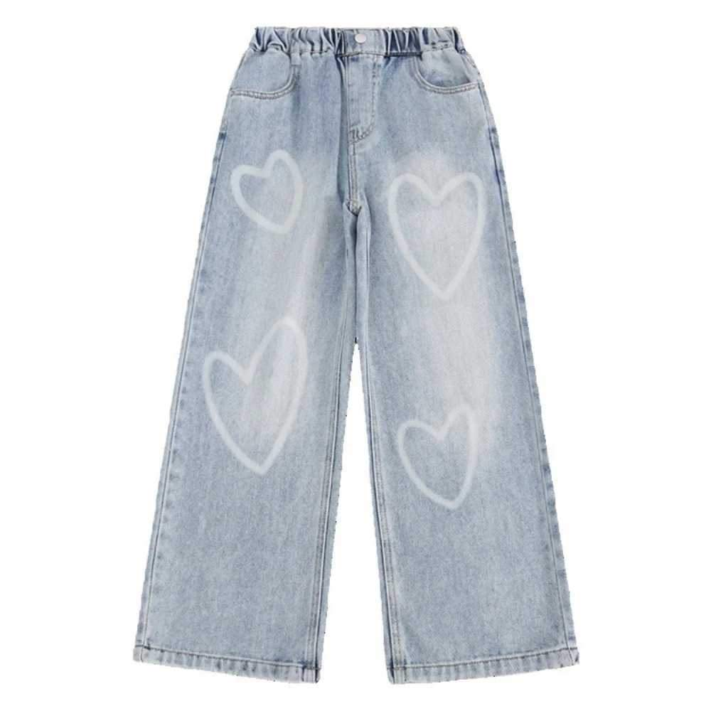Childrens school loose Trouser big girl new arrival jeans with rope heart-shaped pattern spring and autumn fashion wide leg pants high qualityT250326