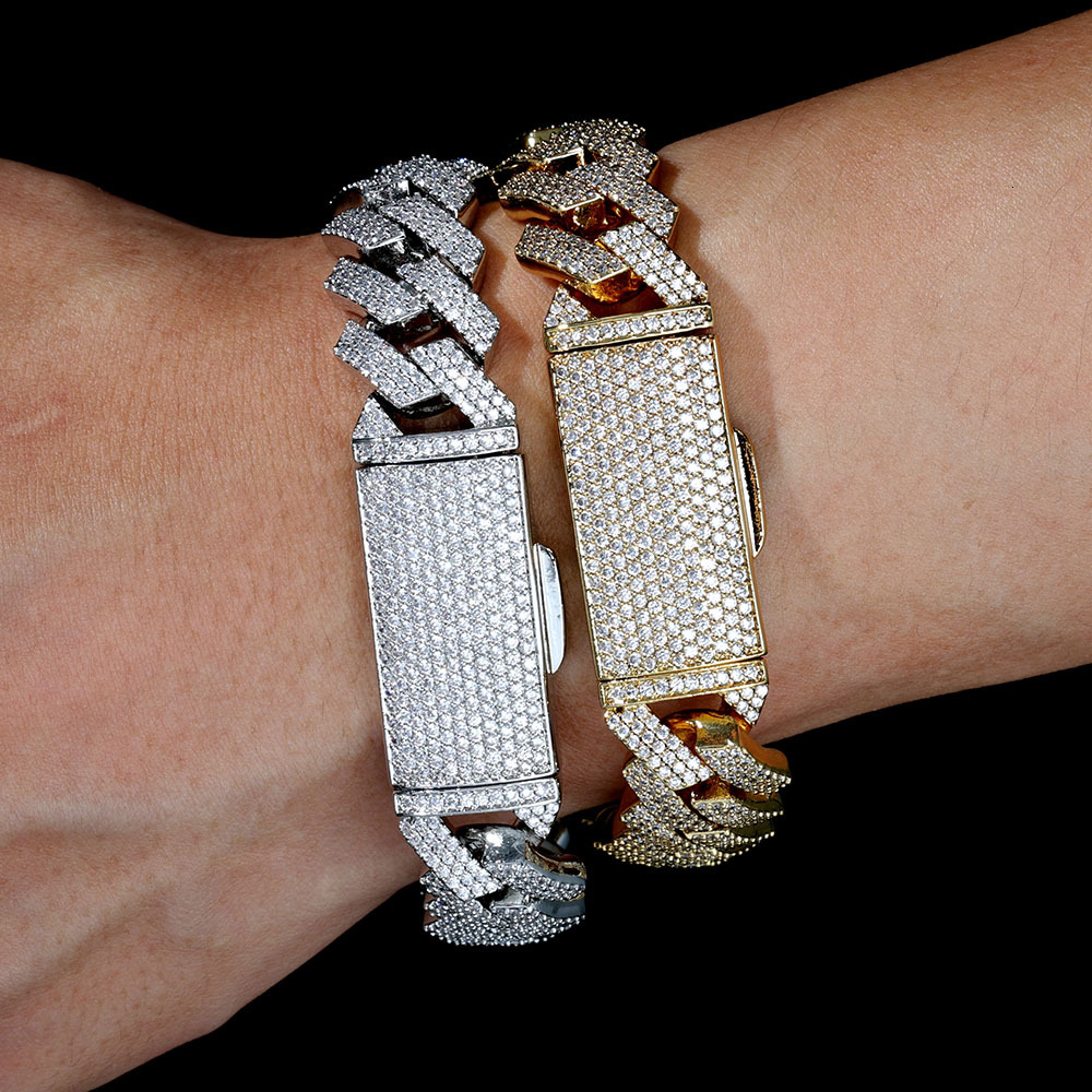 Hip Hop Jewelry Iced Out 5A CZ Diamond Cuban Necklace 16MM 3 Rows Prong Setting Cuban Link Chain Long Buckle Necklace Men