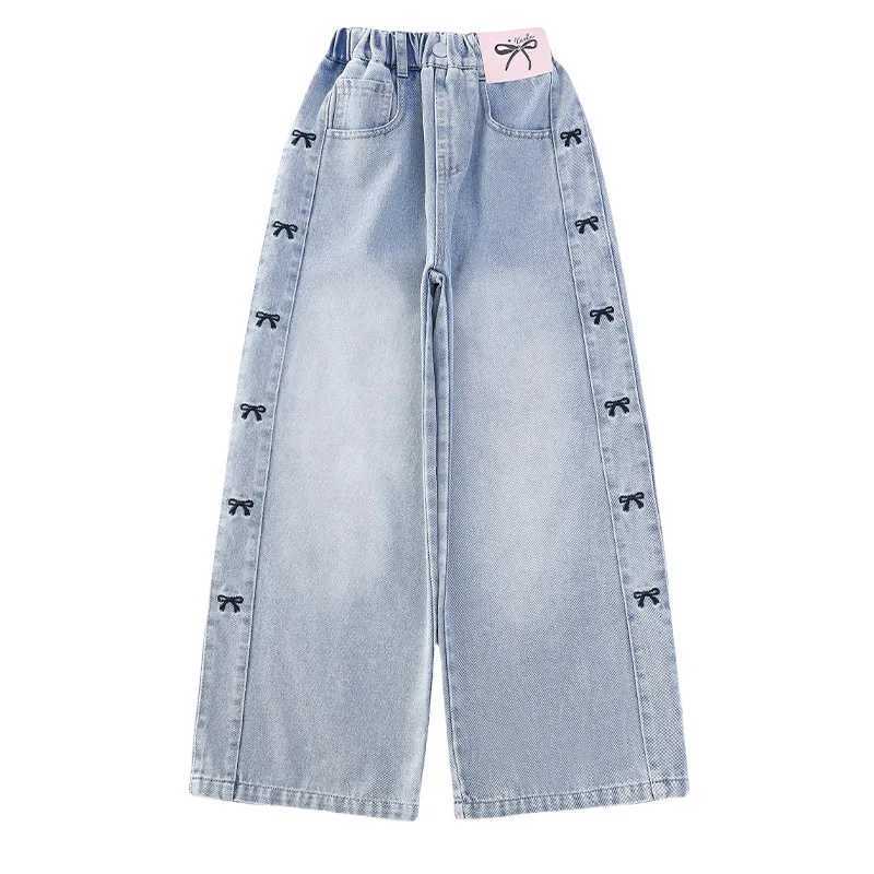 Girls Spring Thin Side Seam Embroidered Bowknot Jeans Loose Straight Wide Leg Denim Pants Teenagers Pure Color Washed TrousersT250326