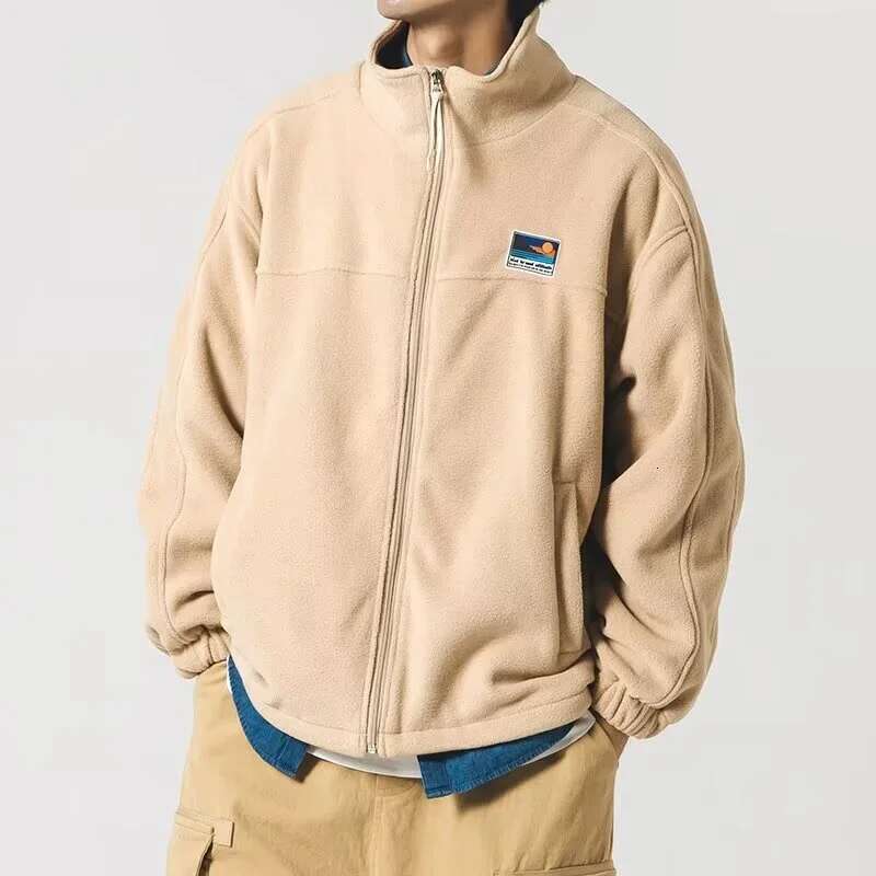 Autumn Vintage Polar Fleece Jackets Man Appliques Zipper Loose Fit Outwear Lambswool Coat Winter Stand Collar Bomber Jacket