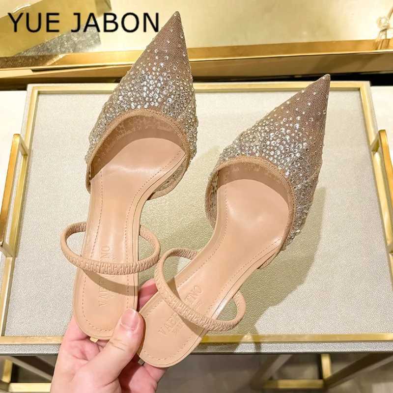 Nude Summer Womens Sandals Rhinestone Bright Mesh High Heels Footwear Elegant Slingback Pointed Slip on Party Lady Pumps ShoesC250319
