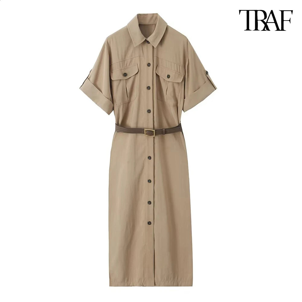 TRAF Belt Tie Petticoat Style Dress Flap Neck Single Breasted High Waisted Short Sleeve Slim Womens MidiDresses 250319