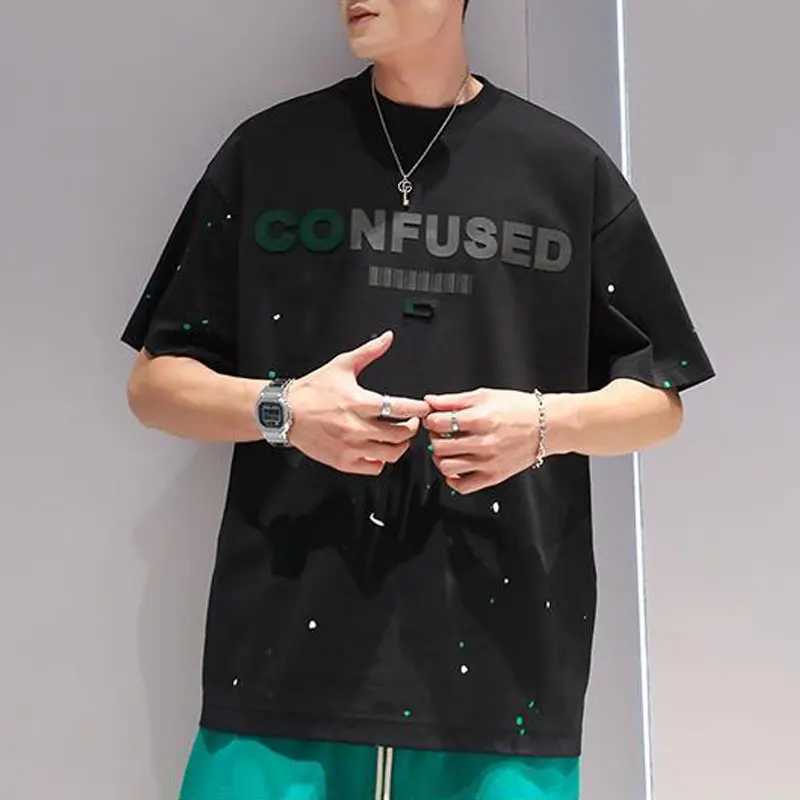 Summer letter printed loose T-shirt basic mens O-neck casual short sleeved fashion hand-painted latte artT250319