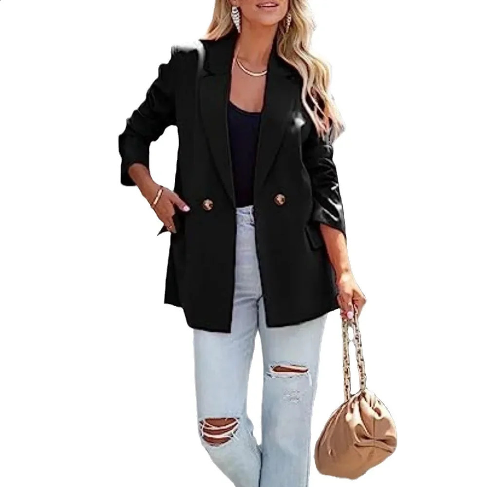 Womens casual business jacket spring summer autumn style lapel long sleeved polyester fiber pocket fashionable 250319