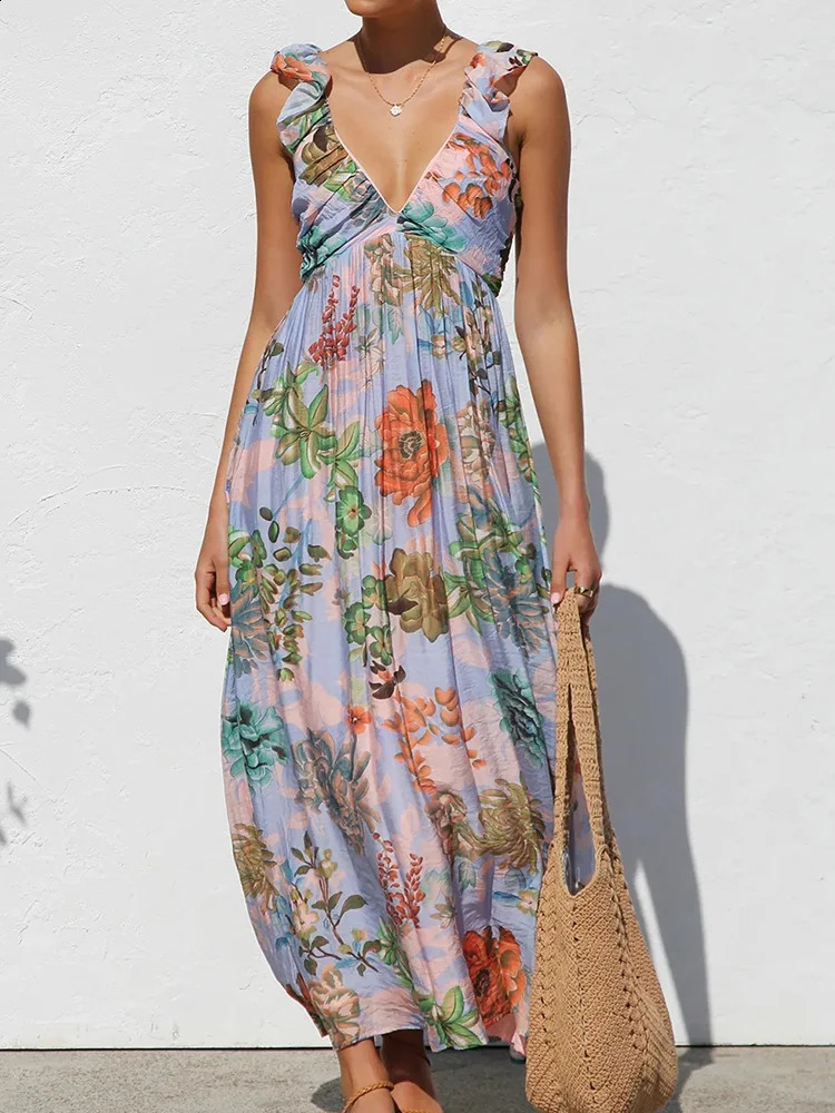 backless patch work simple party dress womens summer sleeveless deep Vneck Maxi printed fashionable 250317