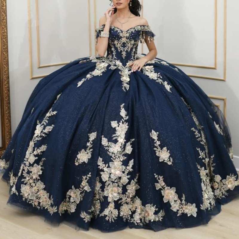 Navy Blue Shiny Off Shoulder Quinceanera Dresses Applique Flower Beads Tull Tiered Party Birthday Sweet 16 Dress Vestidos 15 De Anos