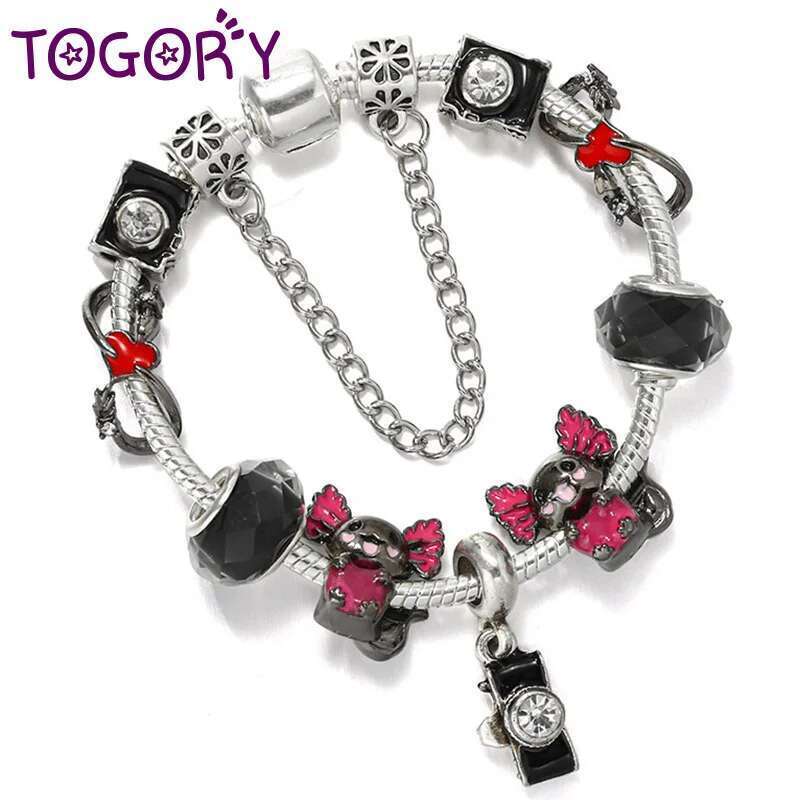 Silver Plated Black Charm Bracelet With Classics Camera Beads Bracelets Bangles For Women Men Girlfriend DIY Jewelry Gift